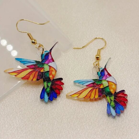 Jewelry - NEW Colorful Stained Glass Hummingbird Drop Earrings